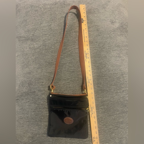 RARE Longchamp Le Pliage Nylon Black & Brown Folding Shoulder Bag FREE SHIPPING - Picture 3 of 14